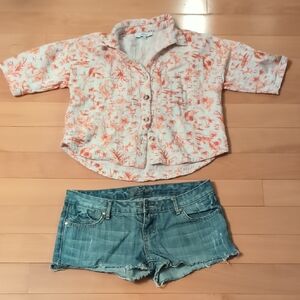 Floral Button-Up Shirt and Denim Shorts Set